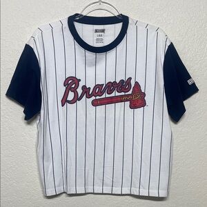 Braves Women's Size Large Short Sleeve Pinstripe Blue & White Tee